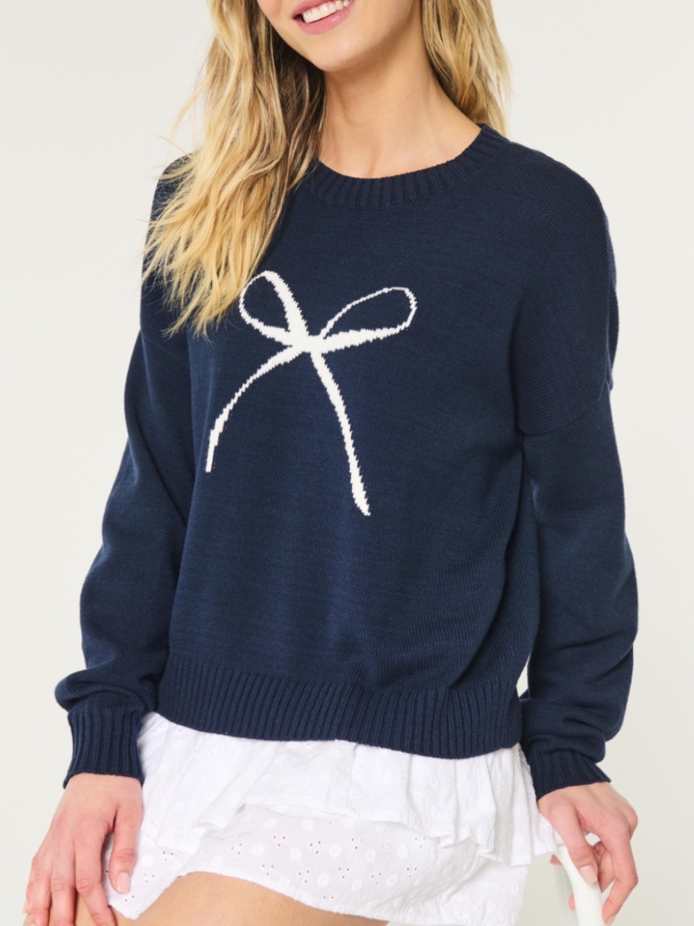 Hollister Navy Blue Sweater with White Bow Graphic Crewneck Size XS Cute Cotton